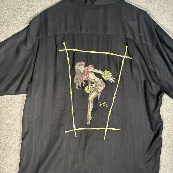 Club Tiki Button Down Shirt Men’s Size L Black Silk Hawaiian Pinup Embroidery - Picture 10 of 12